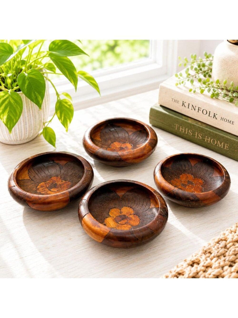 Handcrafted Vintage Wooden Bowls Set Of 4 With Floral Carvings 5.5" Diameter Rus
